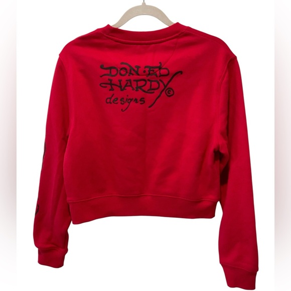 RARE Y2K Vintage Ed Hardy Red Crop Sweatshirt Rose Bird Tattoo Women’s M - Picture 4 of 8